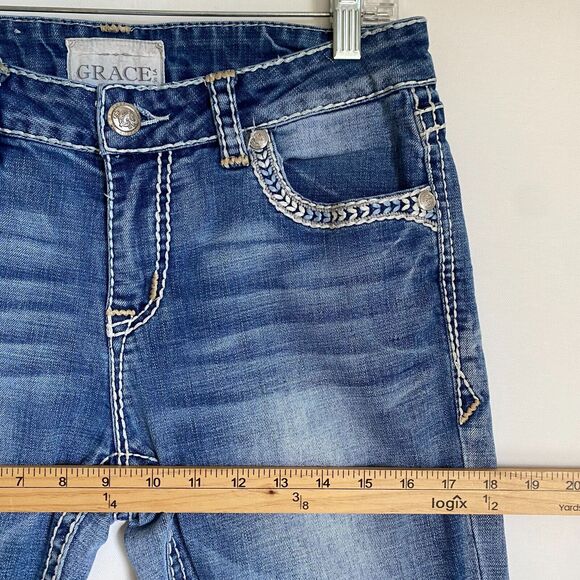 Grace In LA Bootcut Y2K Jeans Womens 28 Blue Thick Stitch Low Rise Flared Rock - Picture 10 of 11